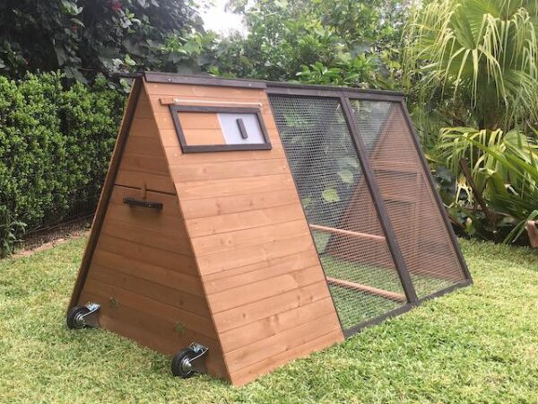 Charming chicken tractor for sale in a lush backyard setting